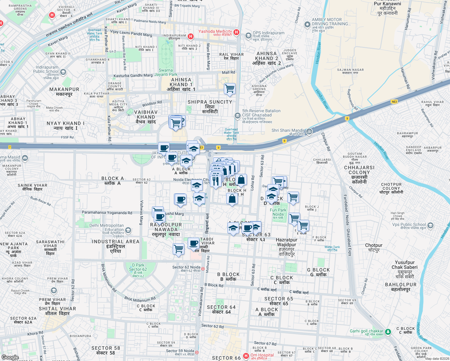 map of restaurants, bars, coffee shops, grocery stores, and more near Unnamed Road in Noida