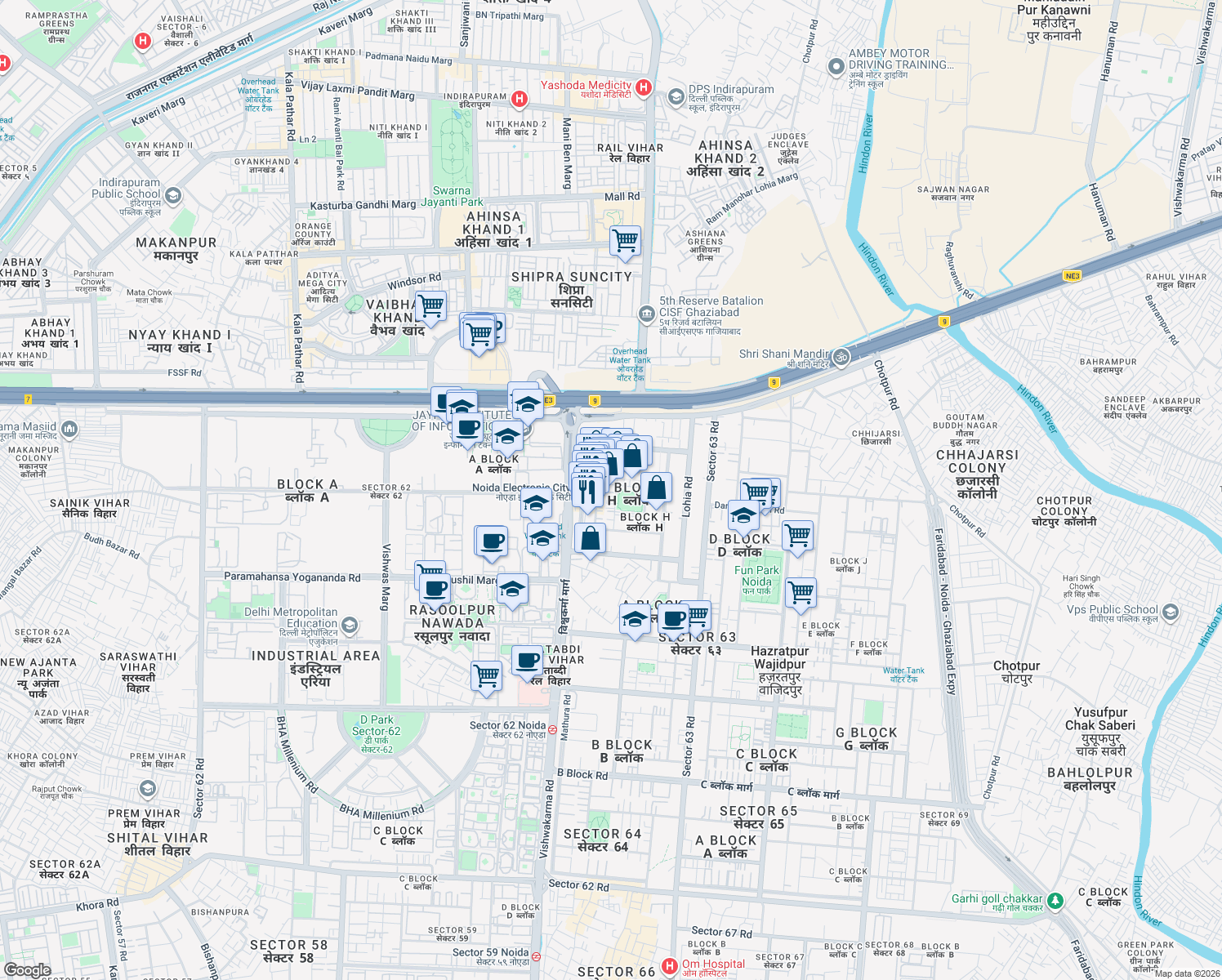 map of restaurants, bars, coffee shops, grocery stores, and more near in Noida