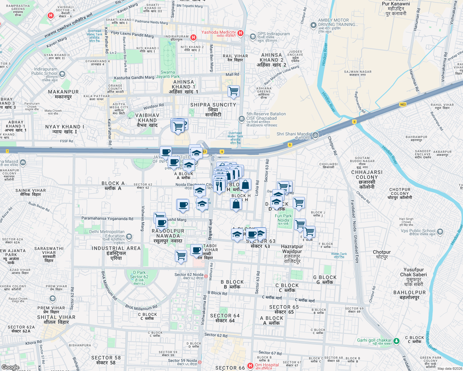 map of restaurants, bars, coffee shops, grocery stores, and more near Unnamed Road in Noida