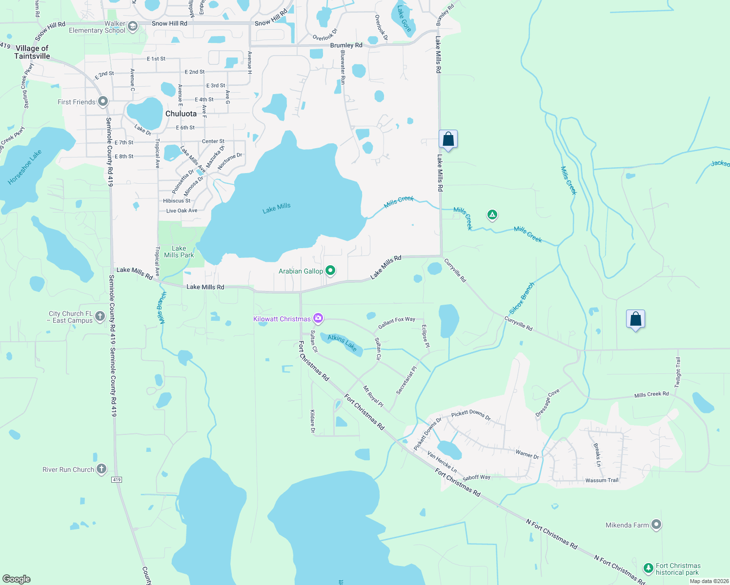 map of restaurants, bars, coffee shops, grocery stores, and more near 1221 Lake Mills Road in Chuluota