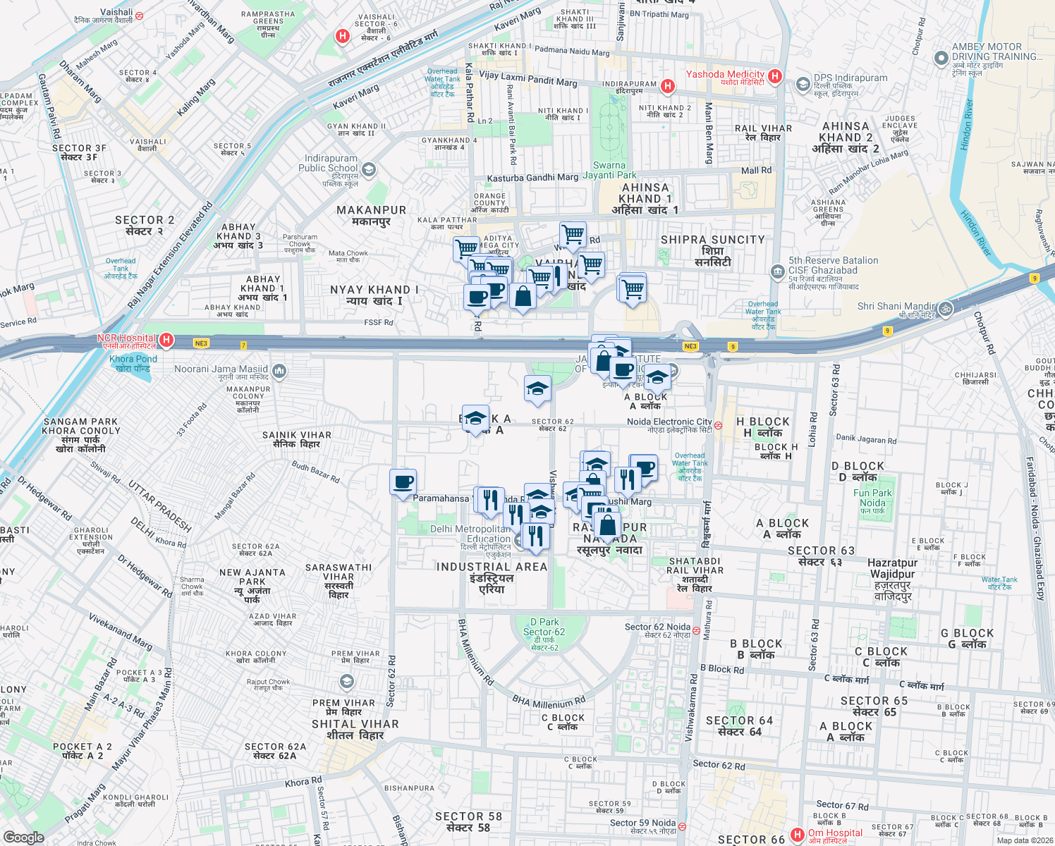 map of restaurants, bars, coffee shops, grocery stores, and more near in Noida