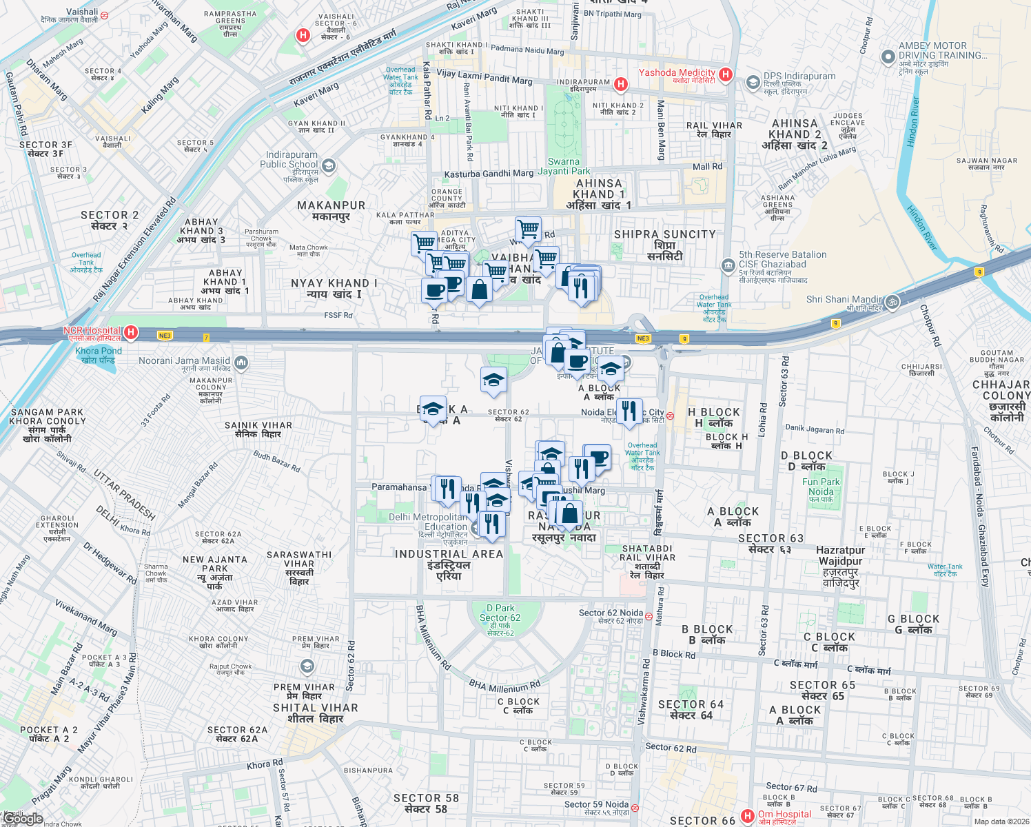 map of restaurants, bars, coffee shops, grocery stores, and more near in Noida