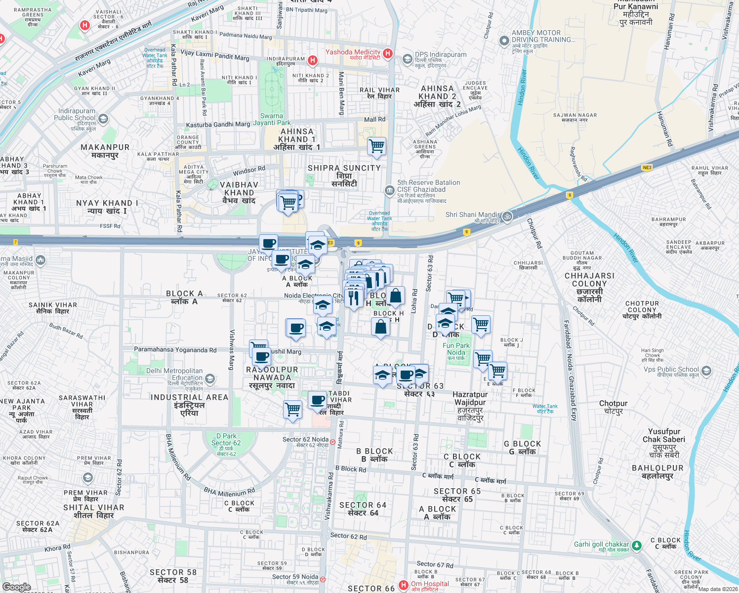 map of restaurants, bars, coffee shops, grocery stores, and more near Unnamed Road in Noida