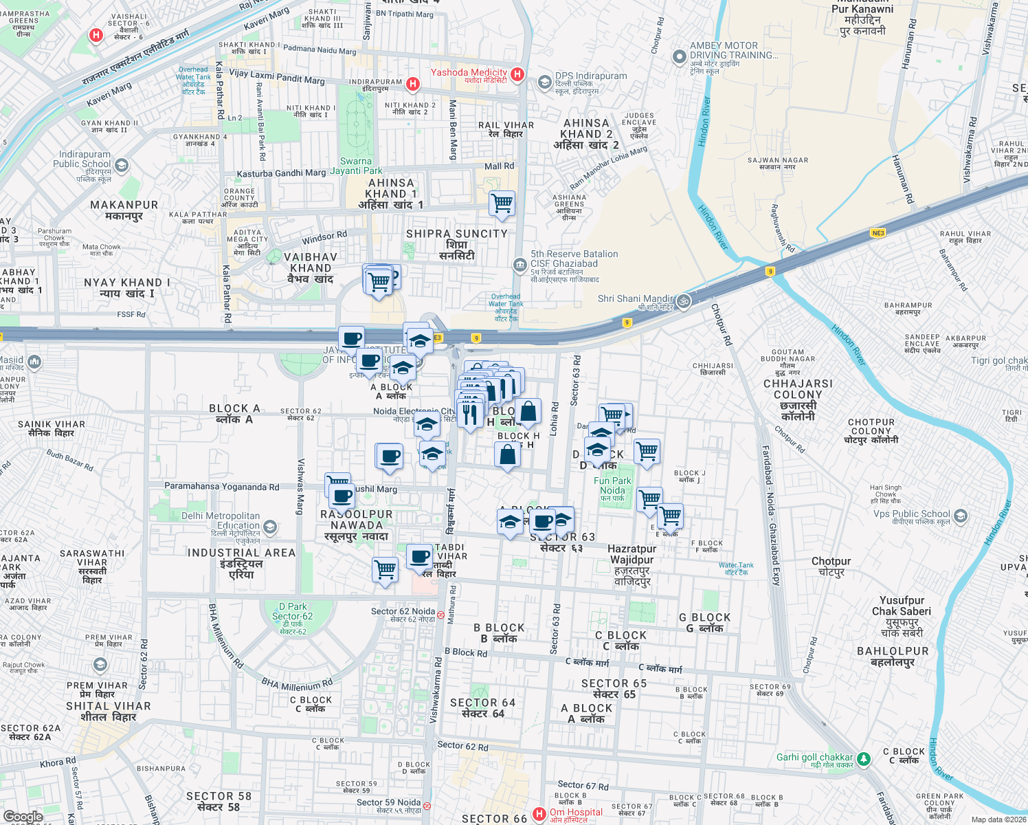 map of restaurants, bars, coffee shops, grocery stores, and more near Unnamed Road in Noida