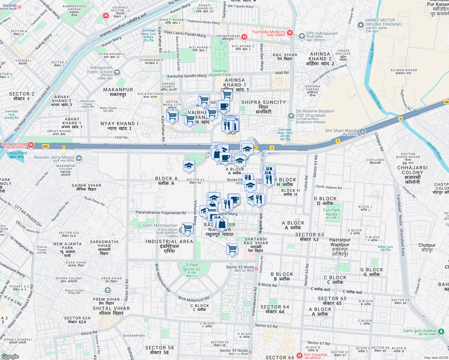 map of restaurants, bars, coffee shops, grocery stores, and more near National Highway 24 in New Okhla Industrial Development Area