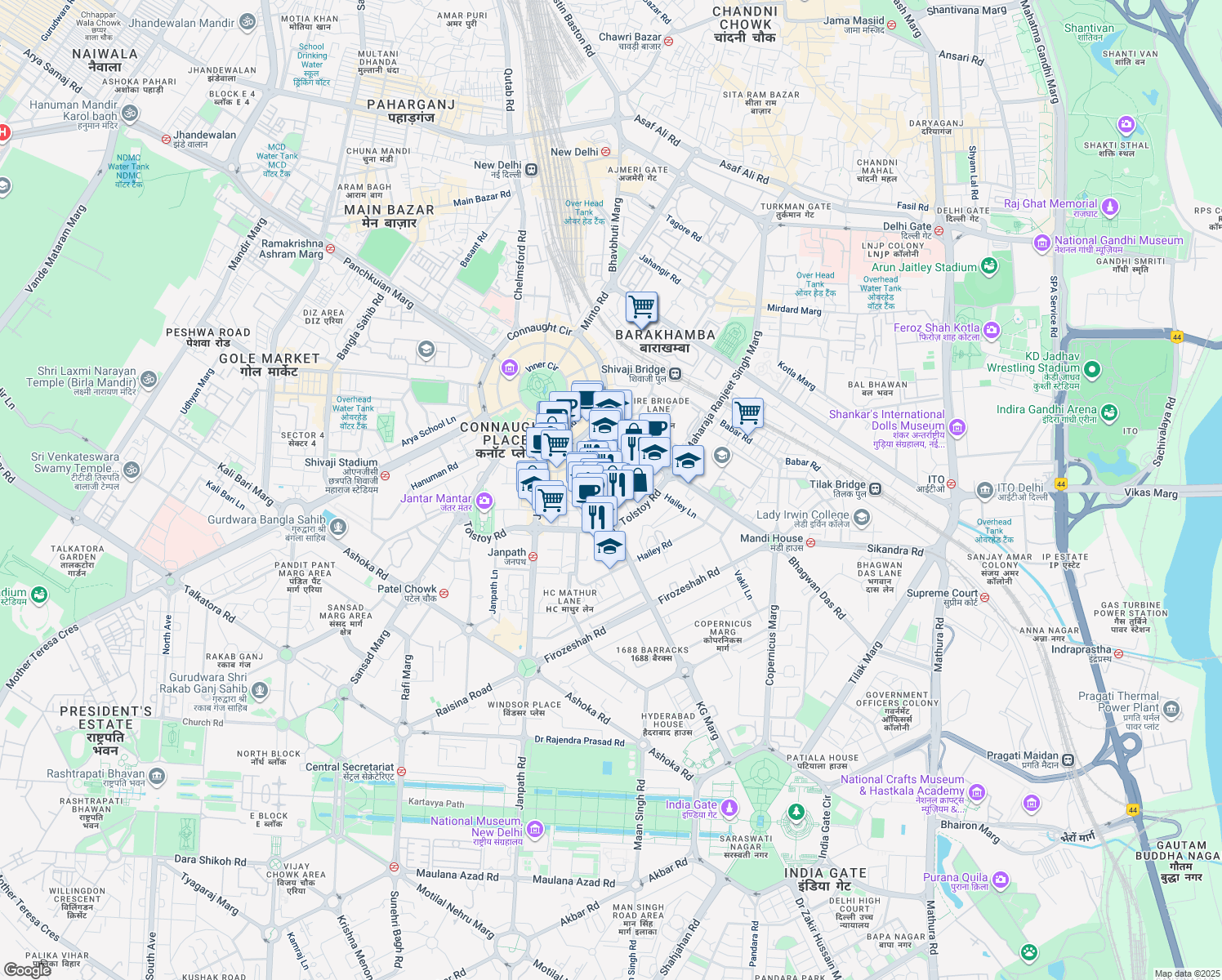 map of restaurants, bars, coffee shops, grocery stores, and more near Kasturba Gandhi Marg in Delhi