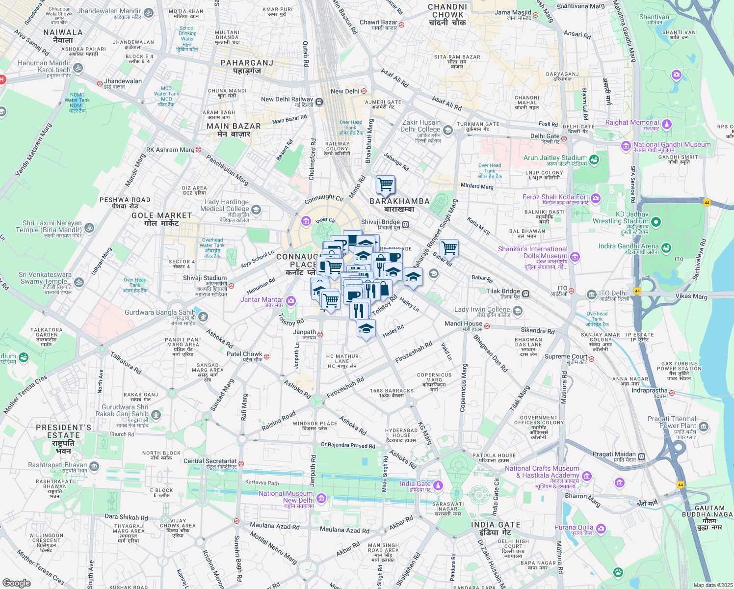 map of restaurants, bars, coffee shops, grocery stores, and more near Kasturba Gandhi Marg in Delhi