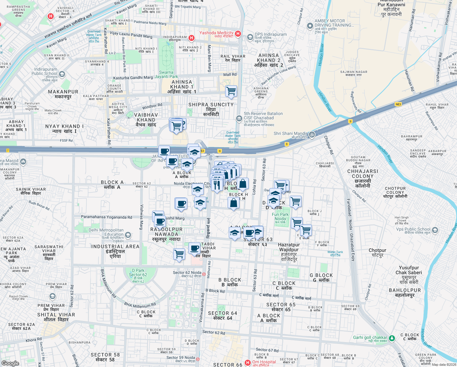 map of restaurants, bars, coffee shops, grocery stores, and more near Unnamed Road in Noida