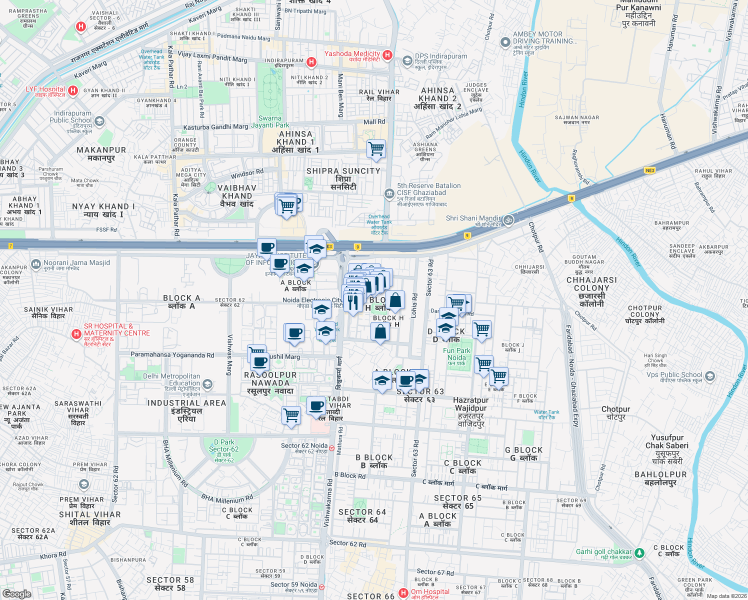 map of restaurants, bars, coffee shops, grocery stores, and more near Unnamed Road in Noida