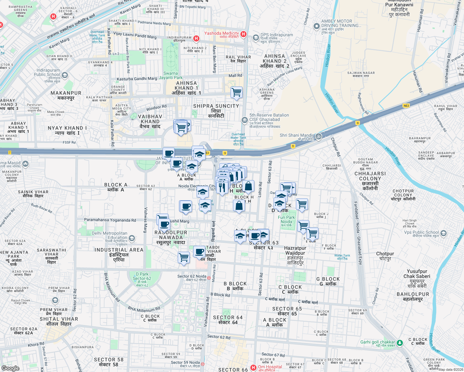 map of restaurants, bars, coffee shops, grocery stores, and more near in Noida