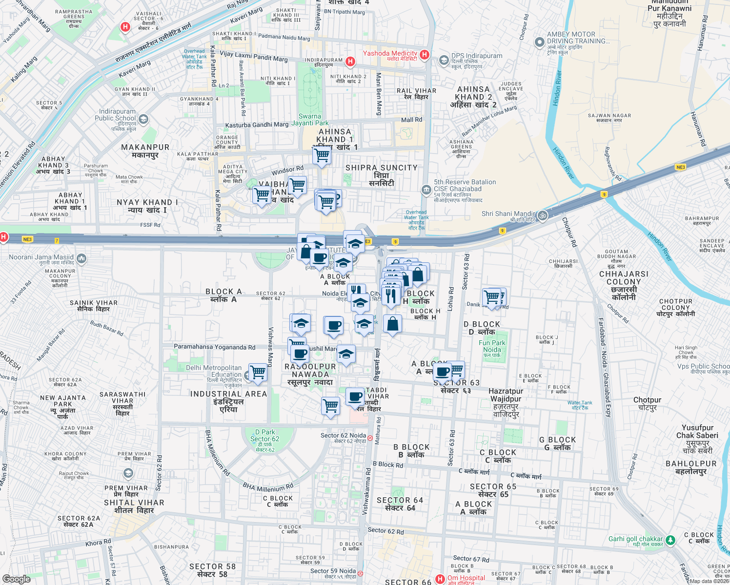 map of restaurants, bars, coffee shops, grocery stores, and more near in Noida