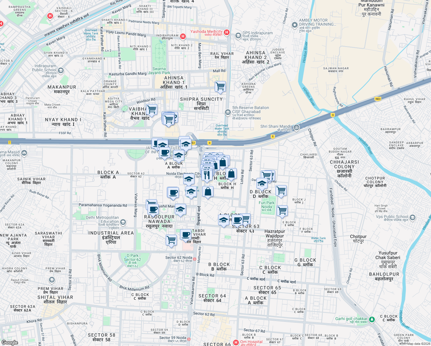 map of restaurants, bars, coffee shops, grocery stores, and more near in Noida