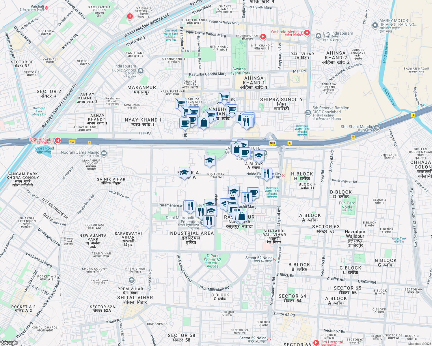 map of restaurants, bars, coffee shops, grocery stores, and more near in Noida