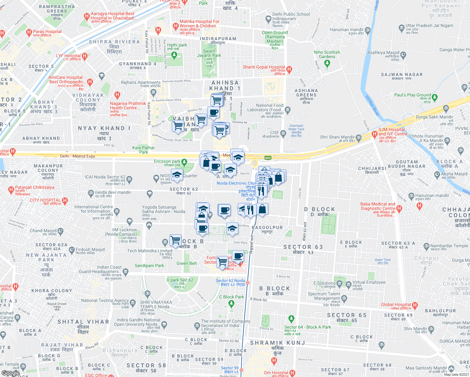 map of restaurants, bars, coffee shops, grocery stores, and more near in Noida