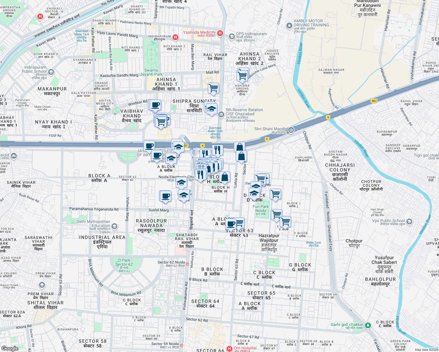 map of restaurants, bars, coffee shops, grocery stores, and more near H-35 Sector 63 Road in Noida