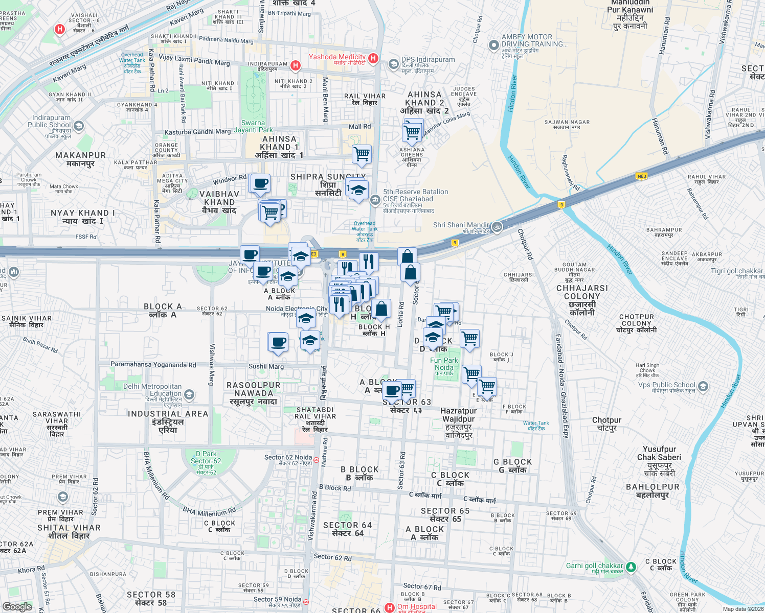 map of restaurants, bars, coffee shops, grocery stores, and more near in Noida