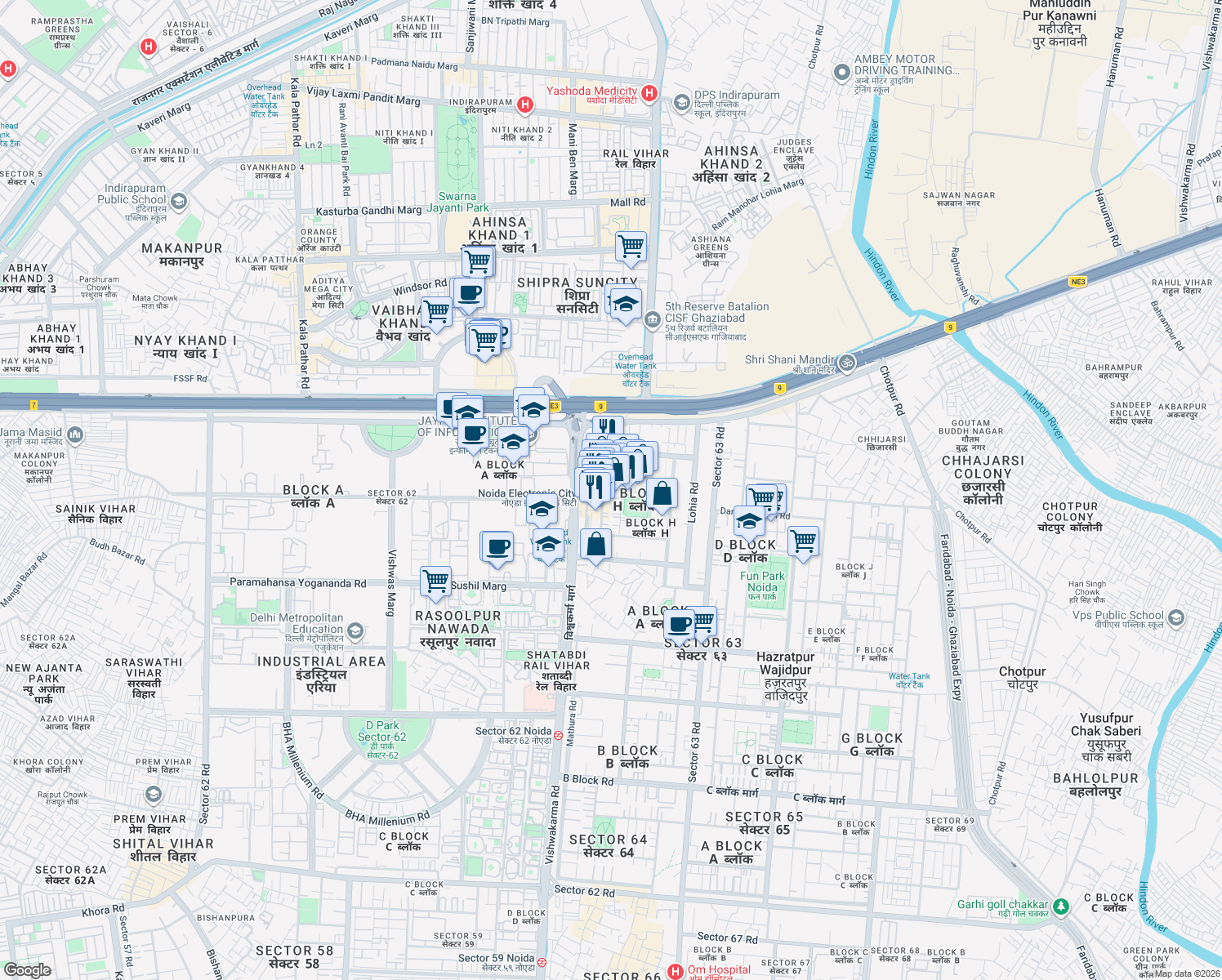 map of restaurants, bars, coffee shops, grocery stores, and more near in Noida