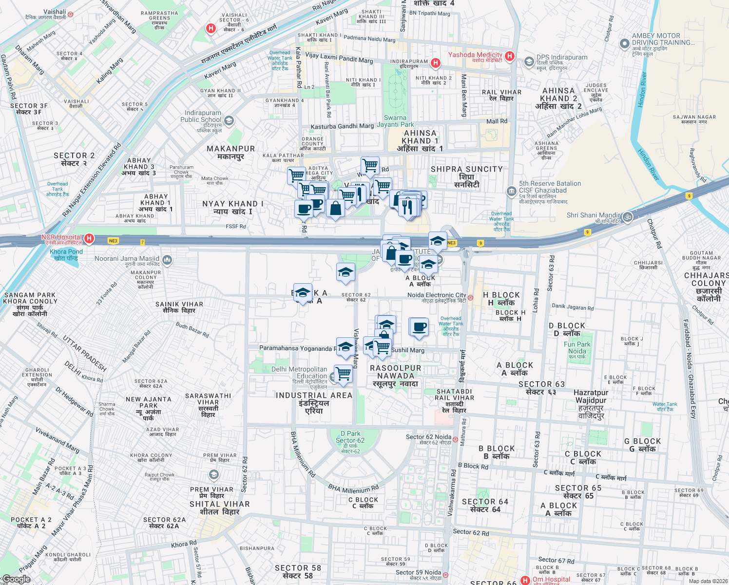 map of restaurants, bars, coffee shops, grocery stores, and more near in Noida
