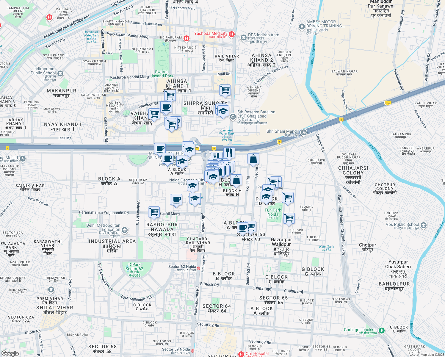 map of restaurants, bars, coffee shops, grocery stores, and more near in Noida