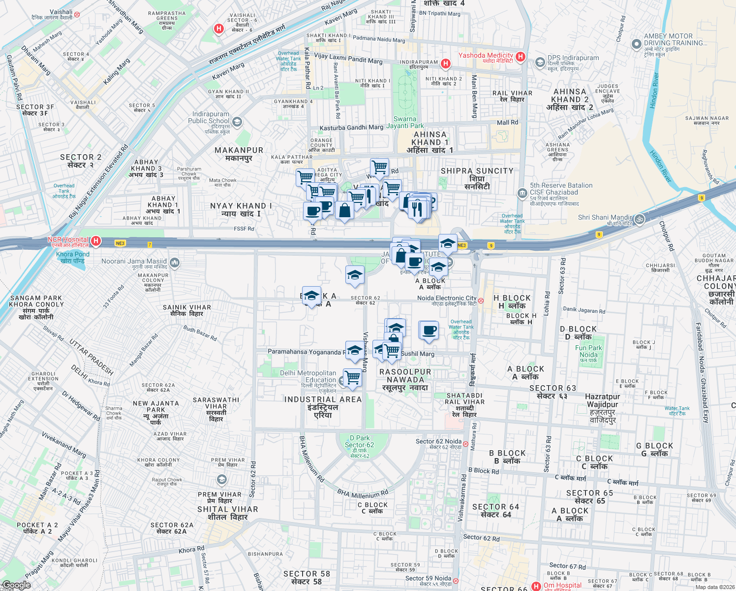 map of restaurants, bars, coffee shops, grocery stores, and more near in Noida