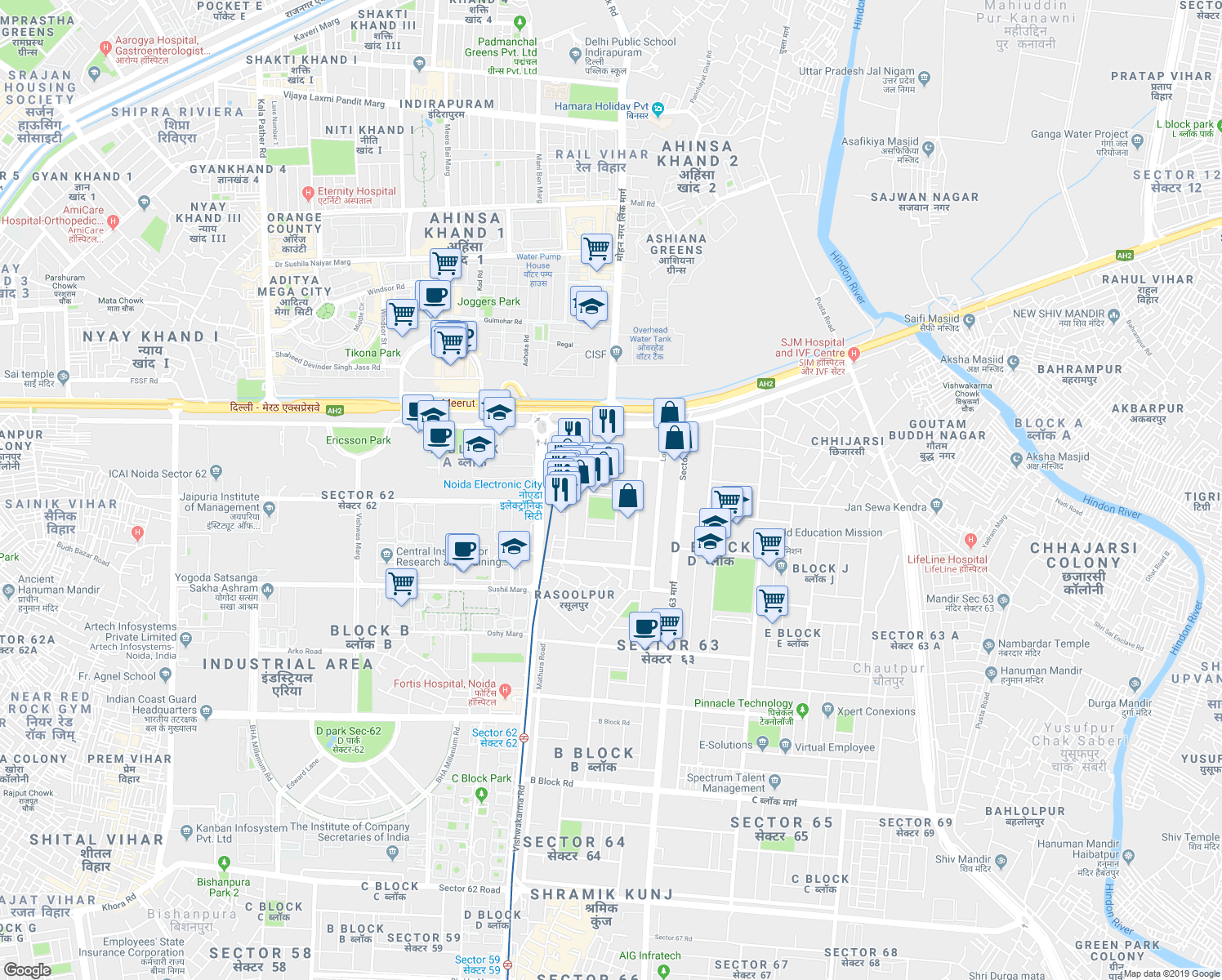 map of restaurants, bars, coffee shops, grocery stores, and more near in Noida