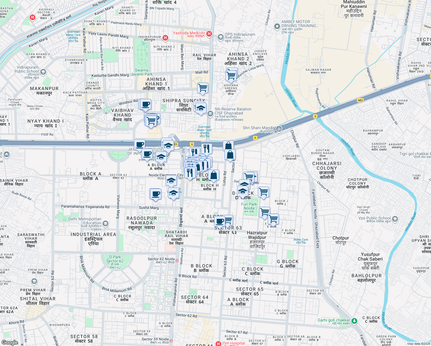 map of restaurants, bars, coffee shops, grocery stores, and more near H-35 Sector 63 Road in Noida