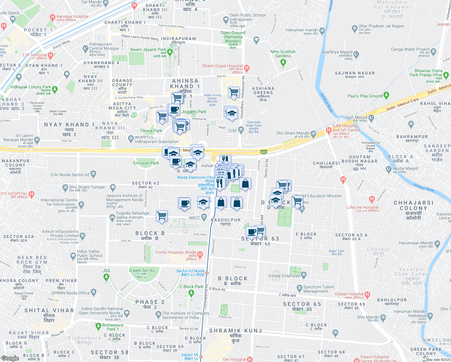 map of restaurants, bars, coffee shops, grocery stores, and more near in Noida