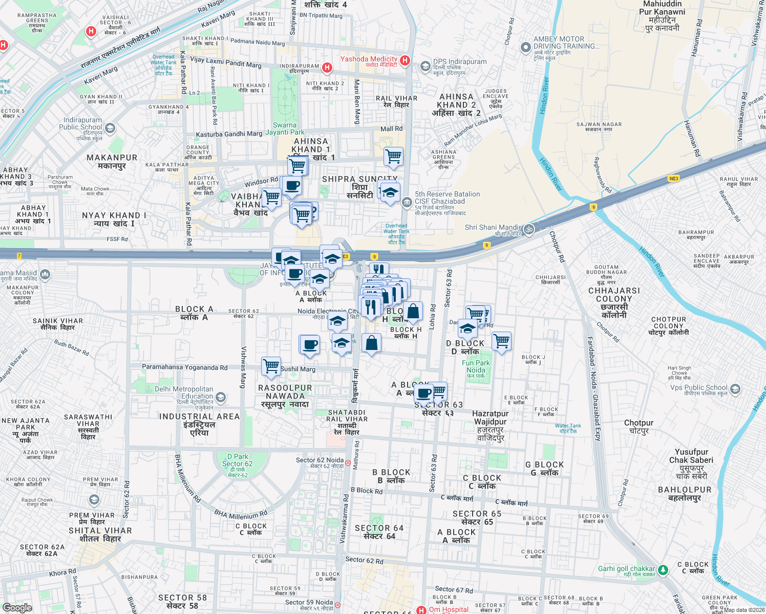 map of restaurants, bars, coffee shops, grocery stores, and more near in Noida