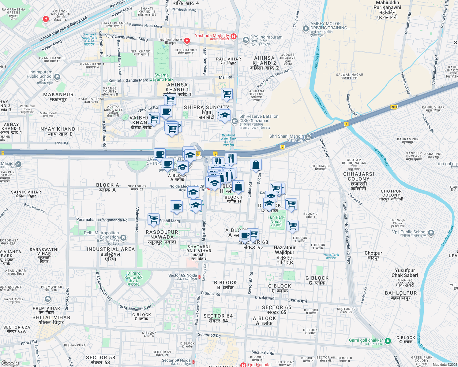 map of restaurants, bars, coffee shops, grocery stores, and more near in Noida