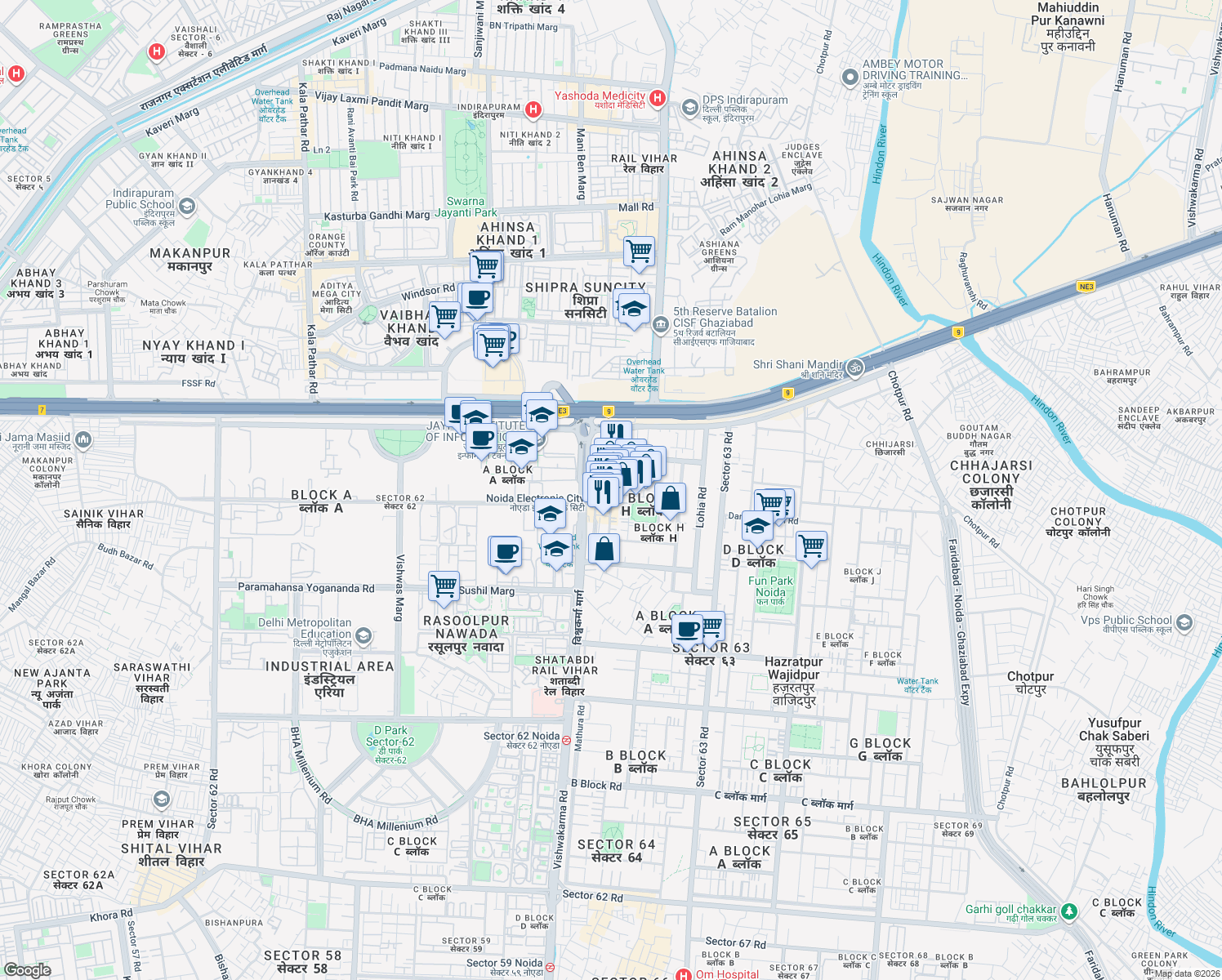 map of restaurants, bars, coffee shops, grocery stores, and more near in Noida
