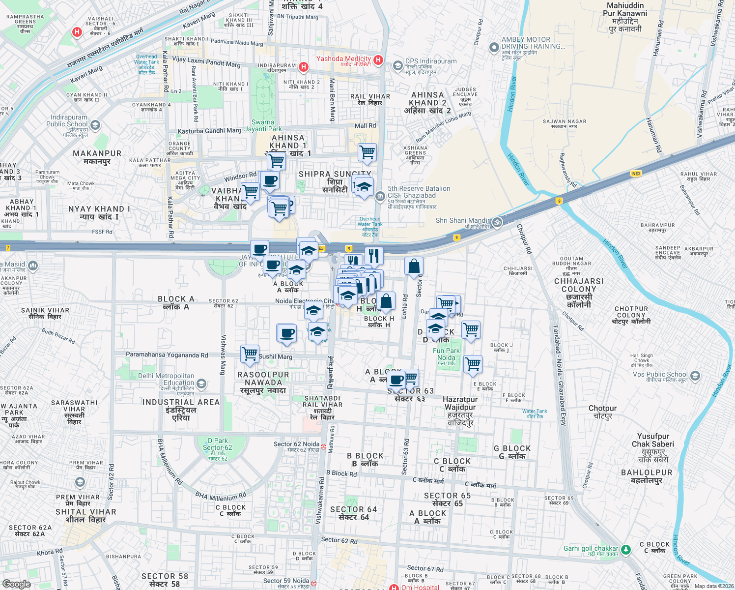 map of restaurants, bars, coffee shops, grocery stores, and more near in Noida