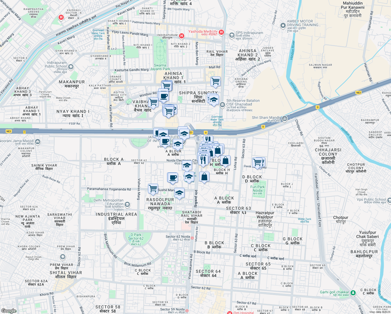 map of restaurants, bars, coffee shops, grocery stores, and more near in Noida