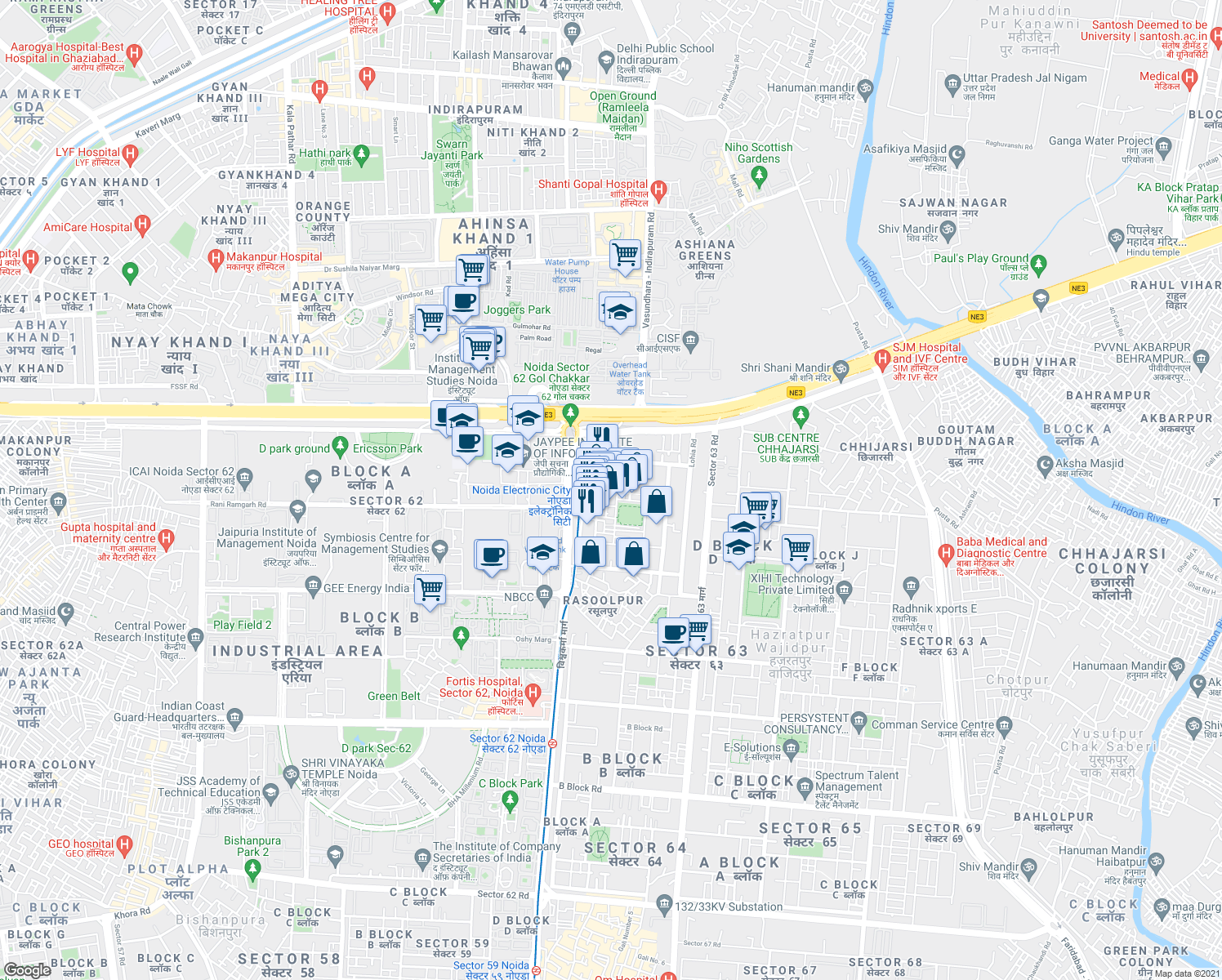 map of restaurants, bars, coffee shops, grocery stores, and more near in Noida