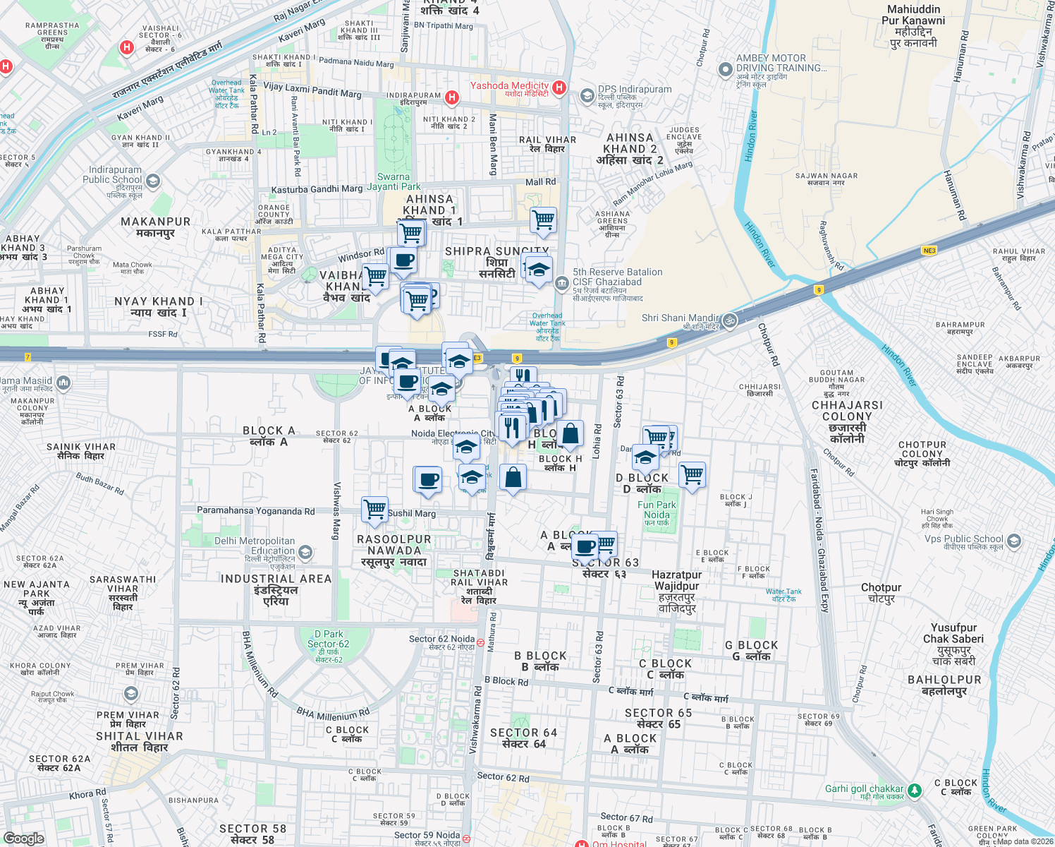 map of restaurants, bars, coffee shops, grocery stores, and more near in Noida