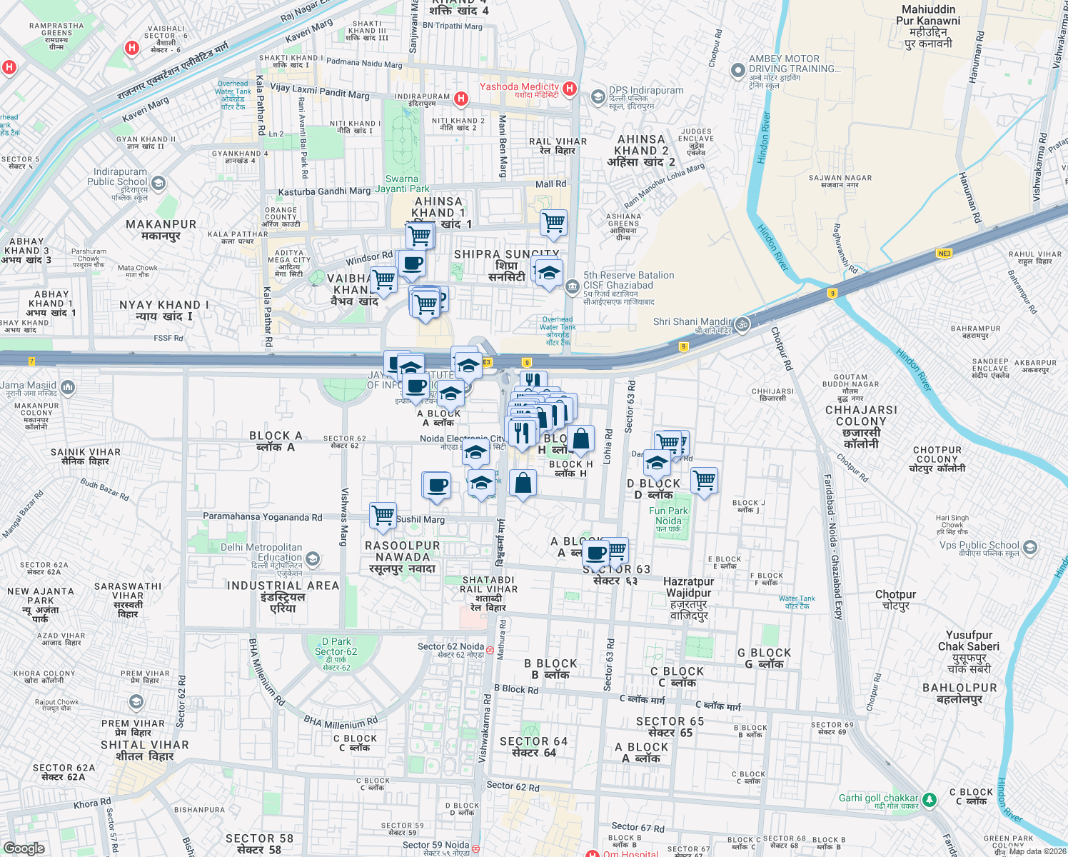 map of restaurants, bars, coffee shops, grocery stores, and more near in Noida