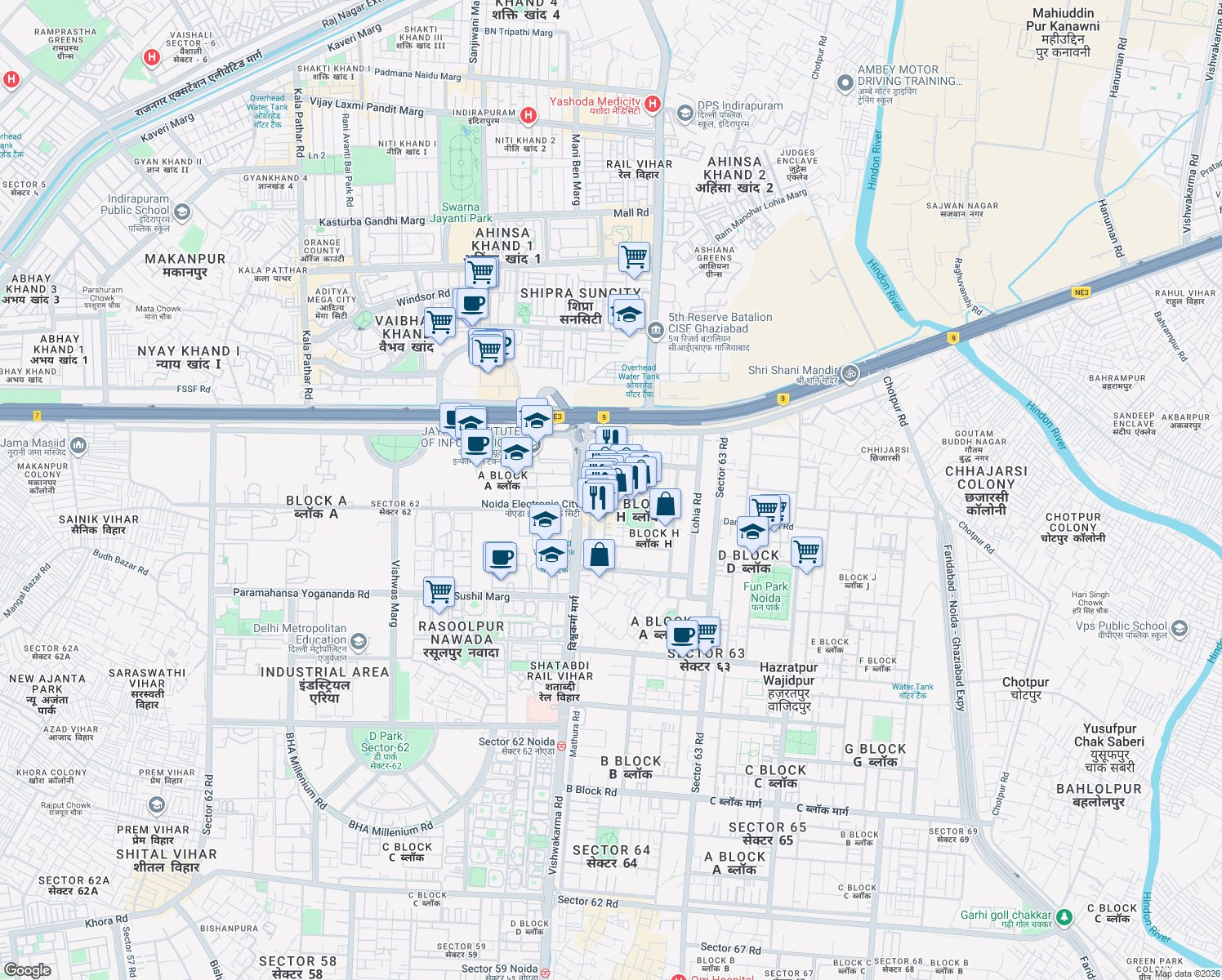 map of restaurants, bars, coffee shops, grocery stores, and more near in Noida