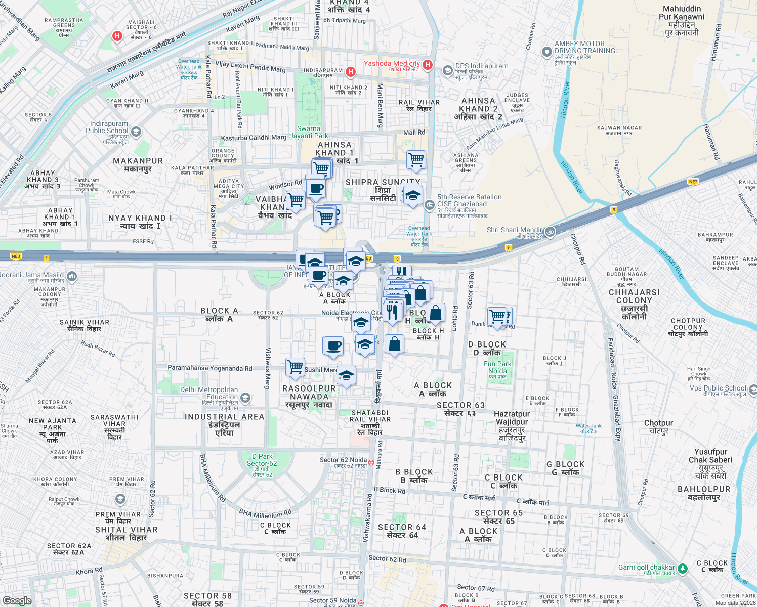 map of restaurants, bars, coffee shops, grocery stores, and more near in Noida
