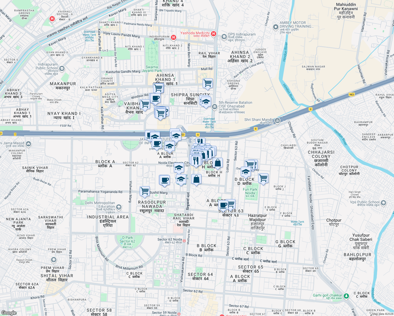 map of restaurants, bars, coffee shops, grocery stores, and more near in Noida