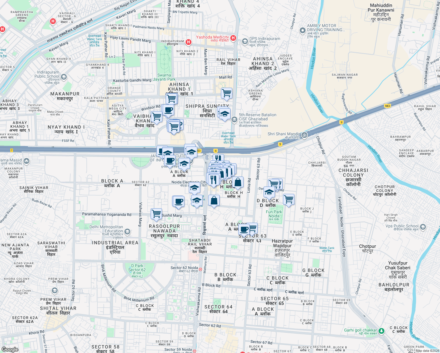map of restaurants, bars, coffee shops, grocery stores, and more near in Noida