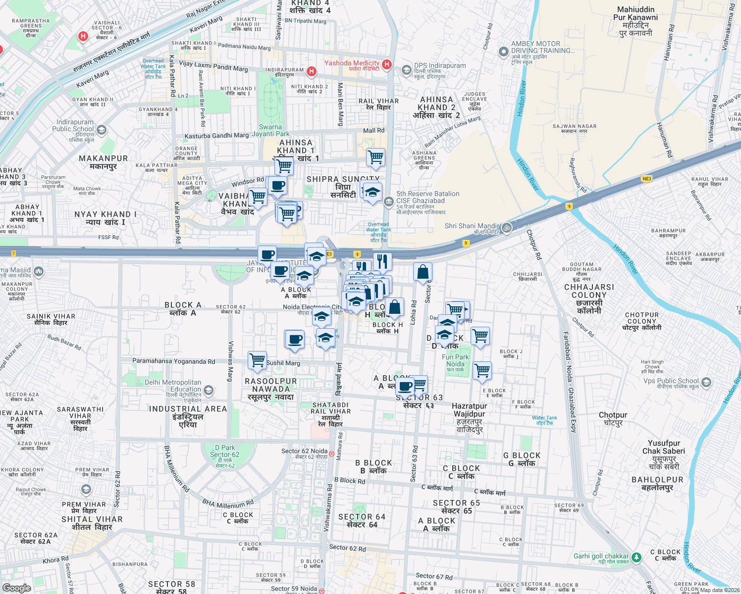map of restaurants, bars, coffee shops, grocery stores, and more near in Noida
