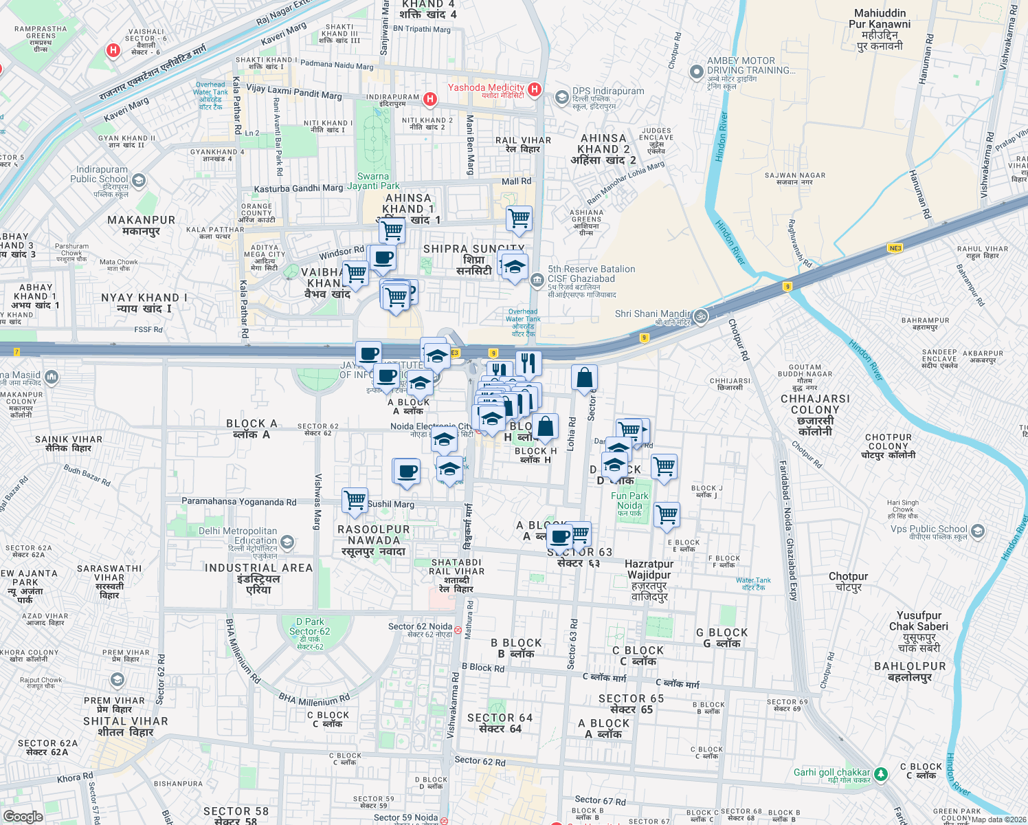 map of restaurants, bars, coffee shops, grocery stores, and more near in Noida