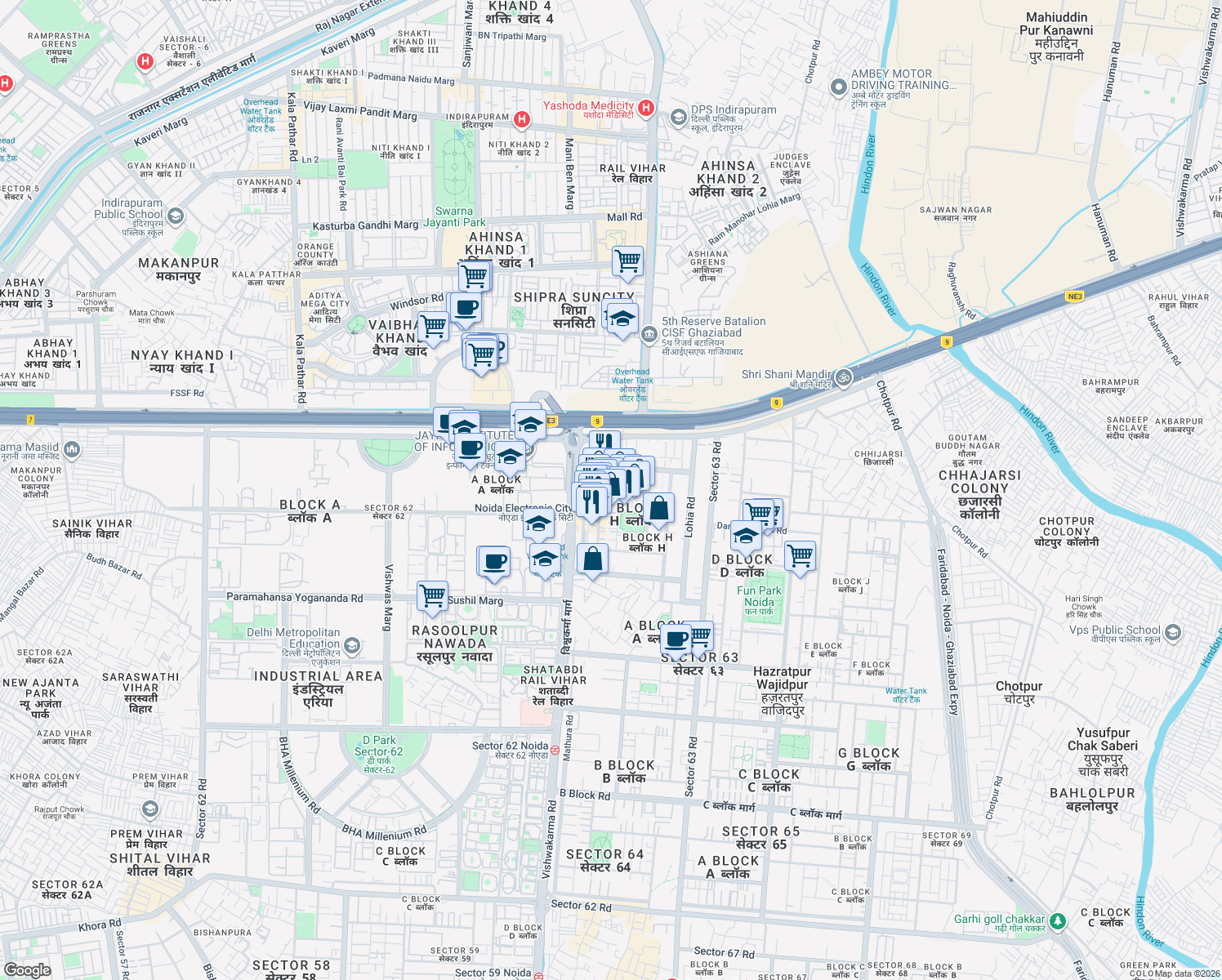 map of restaurants, bars, coffee shops, grocery stores, and more near B Block Road in Noida