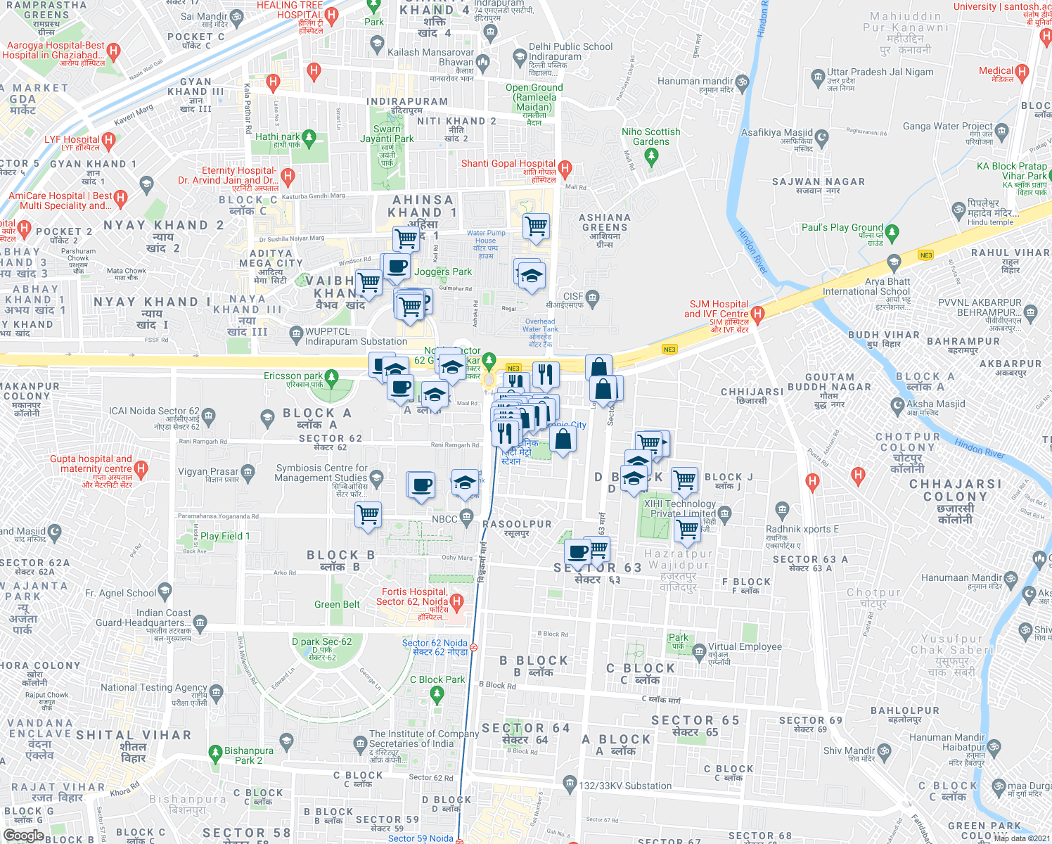 map of restaurants, bars, coffee shops, grocery stores, and more near in Noida