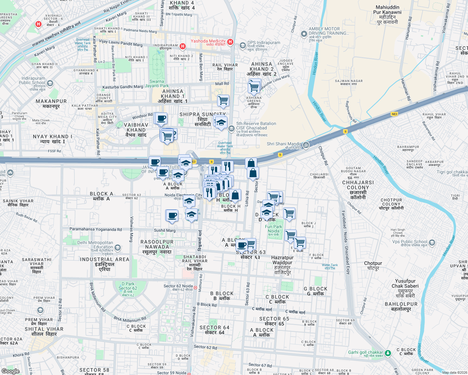 map of restaurants, bars, coffee shops, grocery stores, and more near in Noida
