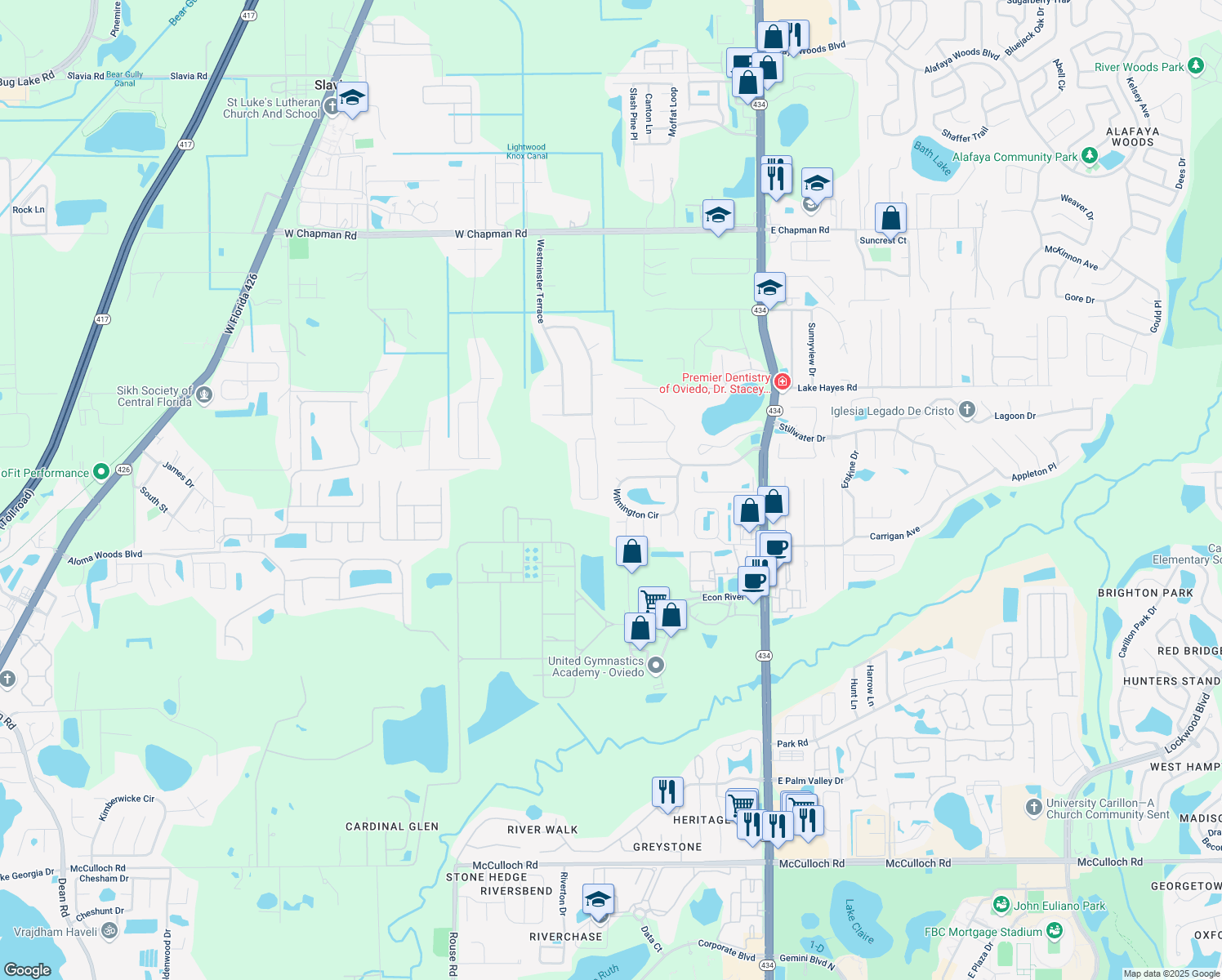 map of restaurants, bars, coffee shops, grocery stores, and more near 464 Wilmington Cir in Oviedo