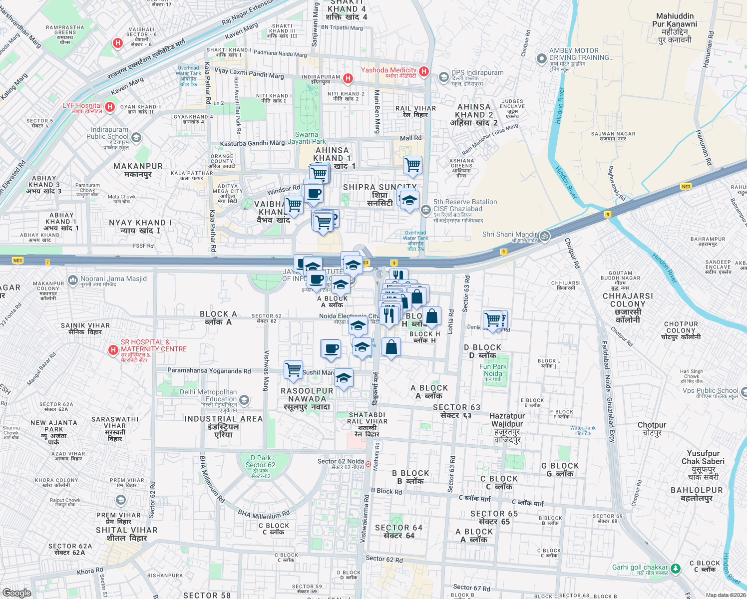 map of restaurants, bars, coffee shops, grocery stores, and more near in Noida