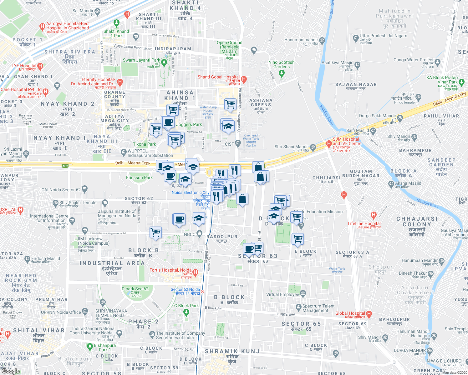 map of restaurants, bars, coffee shops, grocery stores, and more near in Noida