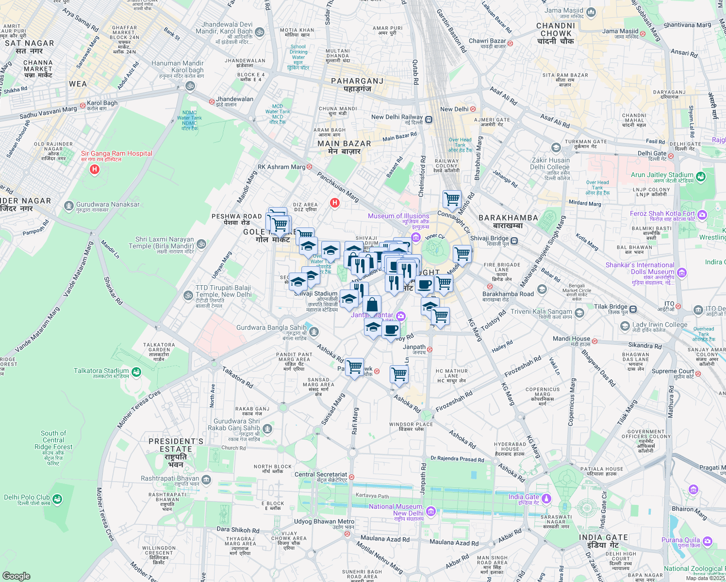 map of restaurants, bars, coffee shops, grocery stores, and more near Baba Kharak Singh Road in New Delhi