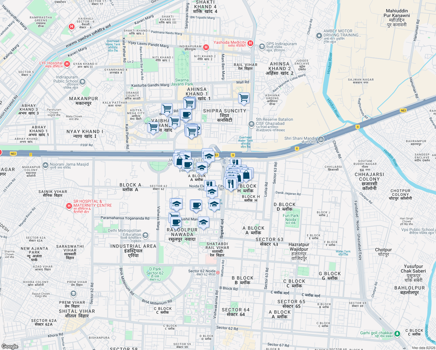 map of restaurants, bars, coffee shops, grocery stores, and more near in Noida