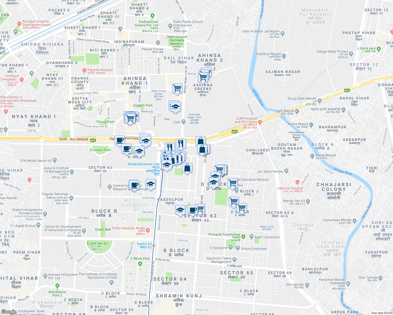 map of restaurants, bars, coffee shops, grocery stores, and more near in Noida